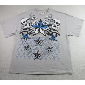 Skull‎ Wings Stars Shirt Mens XL Gray Graphic Tee Tribal Tattoo Style Biker